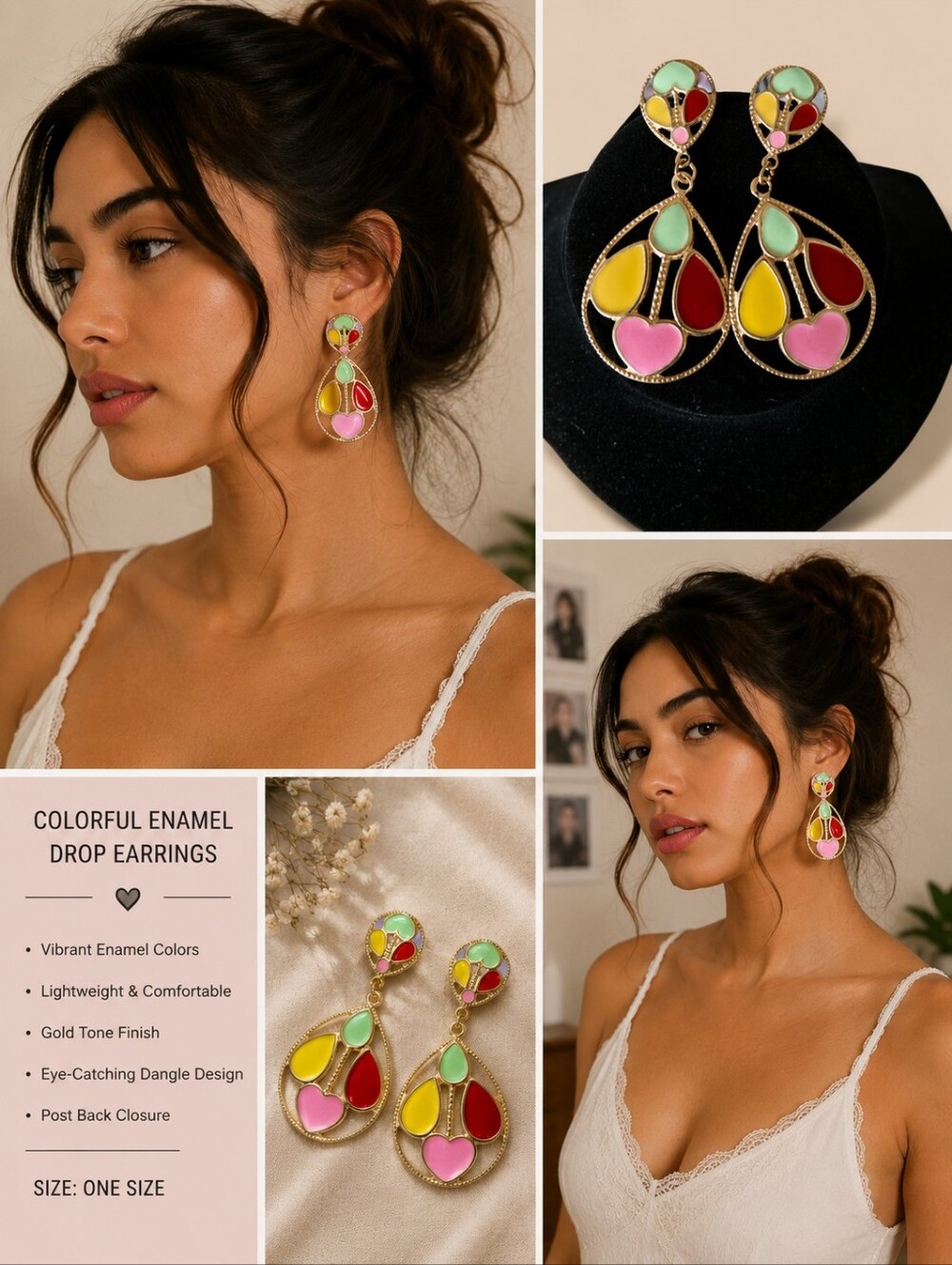 Colorful Heart Enamel 2" Long Drop Earrings — Pink, Red, Yellow & Green
